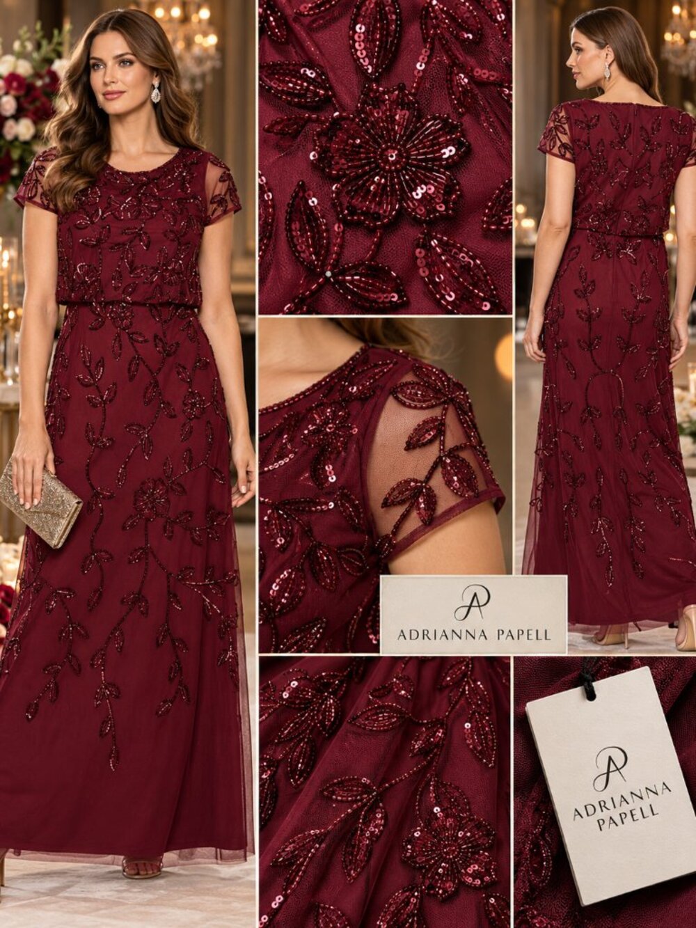 Adrianna Papell Burgundy Floral Beaded Formal Gown Size 10 NWT